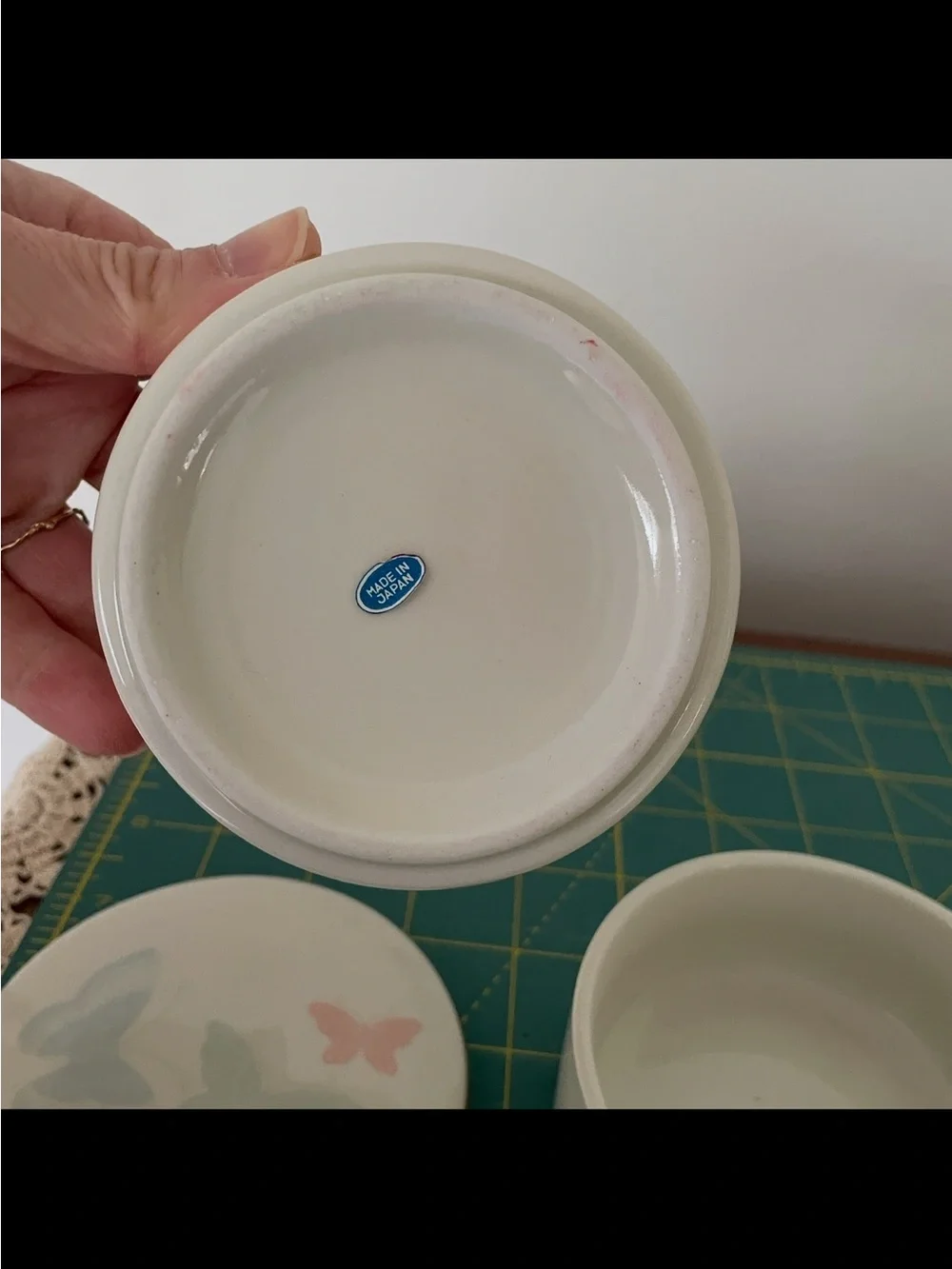 Butterfly Motif Porcelain Trinket Box - Cream with Pastel Accents